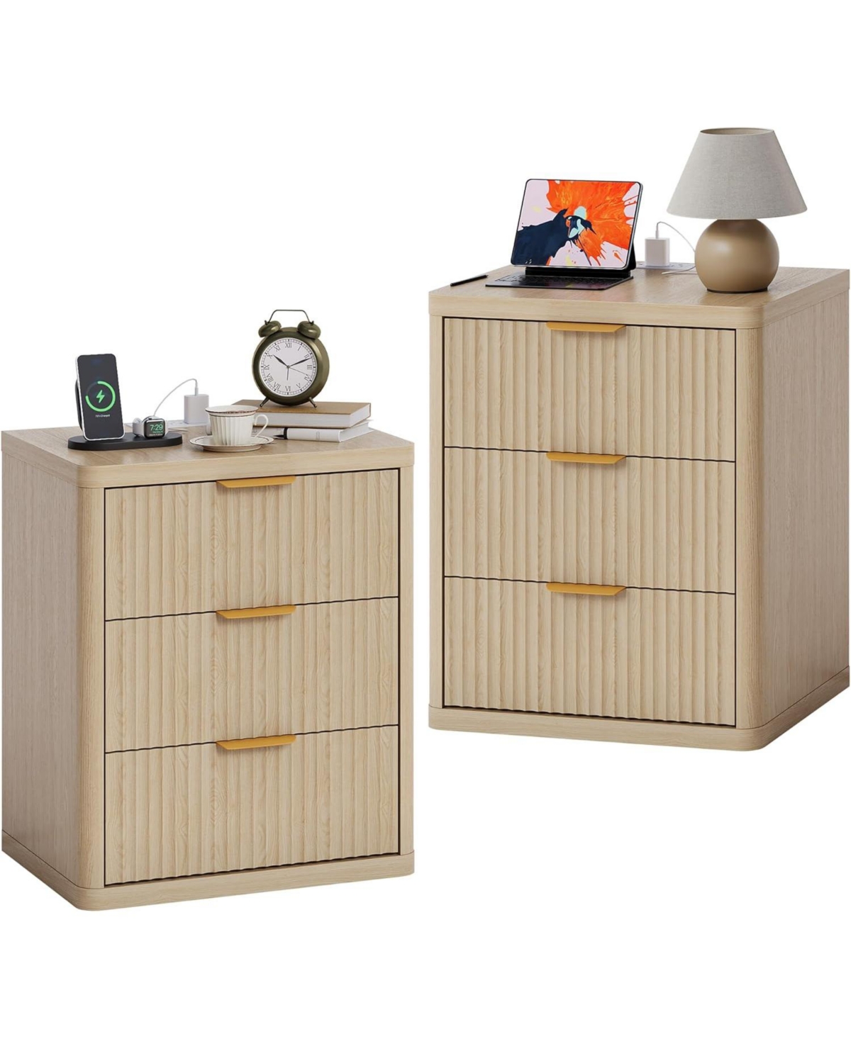 gaomon Fluted Nightstand with Charging Station
