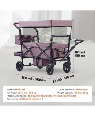 Wagon Stroller for 2 Kids, Collapsible Push Pull Quad Stroller with Adjustable Handle, Harness, Removable Canopy, 4 Wheels with Brakes