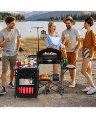 Camping Kitchen Table, Aluminum Portable Cook Station with Storage Cupboard, Detachable Windscreen, Carrying Bag, Quick Setup