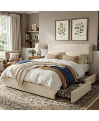 Teddy Fleece Bed Frame, Cloud Cream Bed Frame with 2 Storage Drawer and Adjustable Headboard, Soft Teddy Fabric