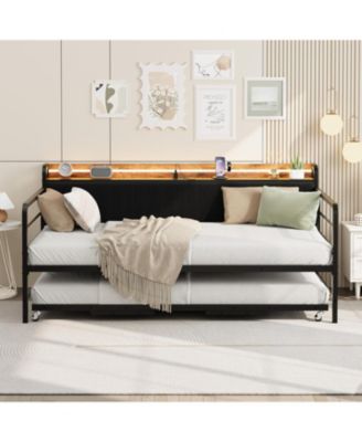Daybed with Trundle & LED Light, Sturdy Metal Frame, Corduroy Headboard, USB Charging
