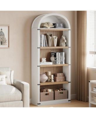 71" Tall 5-Shelf Arched Bookcase – Farmhouse Wooden Bookshelf with Display Storage Rack, Freestanding Bookcase for Home Office, Living Room