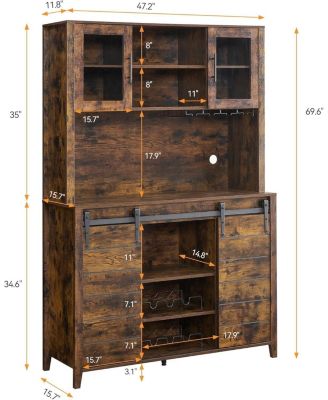 Rustic 70 Inch Tall Farmhouse Coffee Bar Cabinet with Sliding Barn Doors Ample Storage Shelves Wine Racks and Glass Holder