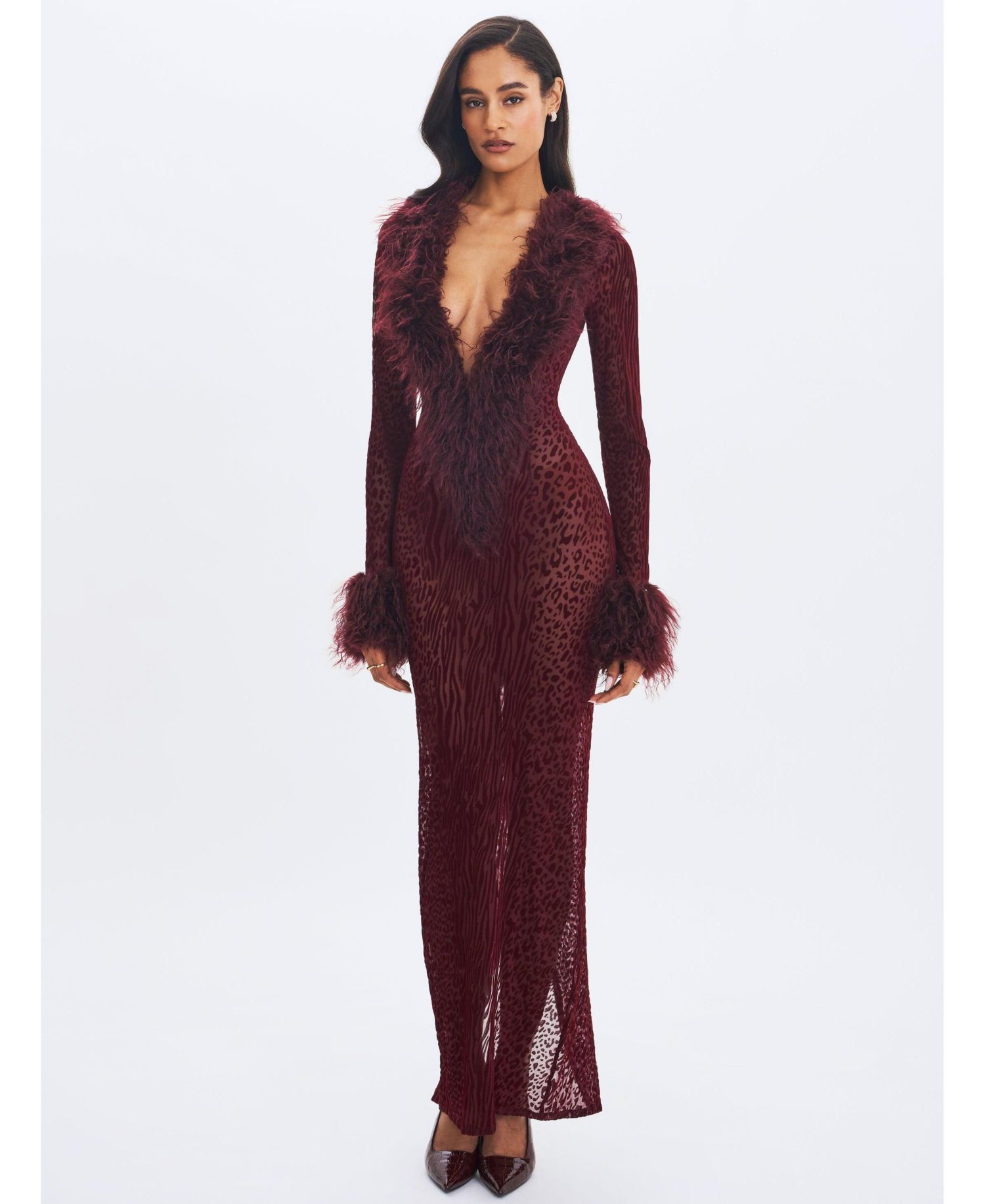 Women's Luana Burgundy Plunging Fur Trimmed Crochet Maxi Dress