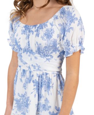 Girls' 7-16 Toile Puff-Sleeve Lace Trim Dress