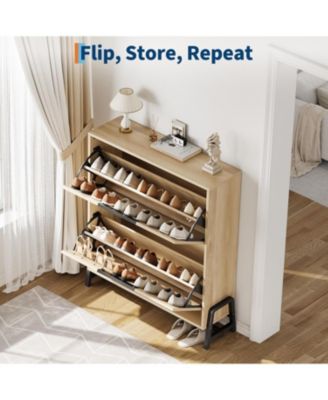 Shoe Storage Cabinet with 2 Flip Drawers, Freestanding Narrow Shoe Organizer with Adjustable Shelf & Metal Legs for Entryway