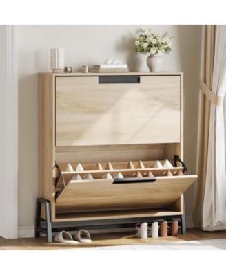 Shoe Storage Cabinet with 2 Flip Drawers, Freestanding Narrow Shoe Organizer with Adjustable Shelf & Metal Legs for Entryway