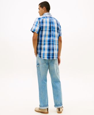 Men's Check Plaid Linen-Blend Short-Sleeve Shirt