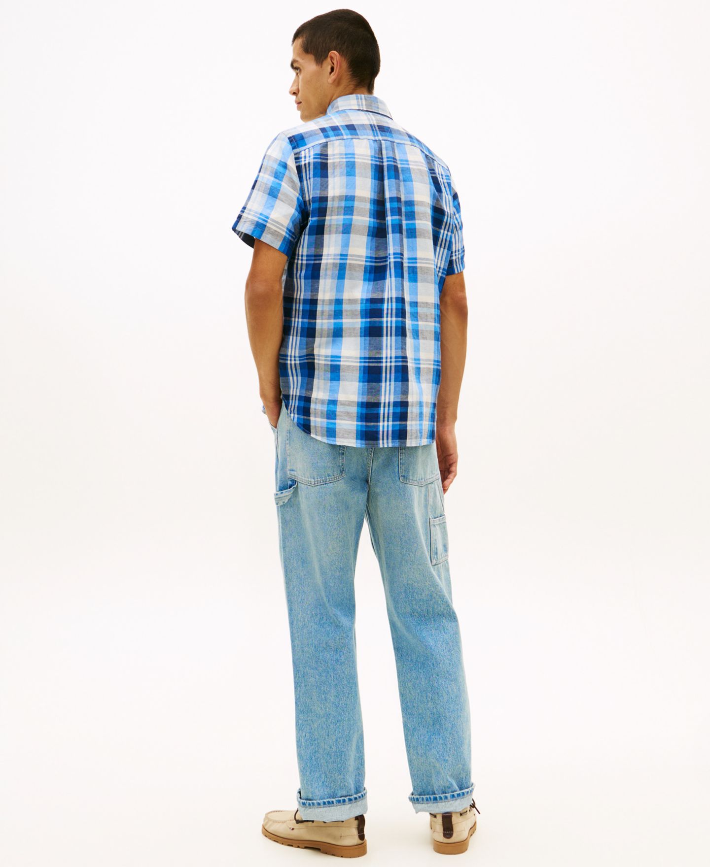 Мужская рубашка Tommy Hilfiger Check Plaid Linen-Blend Short-Sleeve, цвет: Тёмно-синий / Клетчатый — фото 4