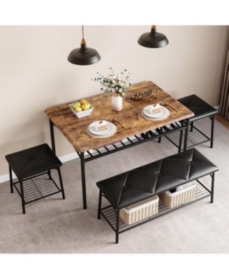 Dining Table Set for 4 with Benche/Stools Kitchen Table Set with Storage Shelves Dining Table Set with PU Cusion Dining Room Furniture