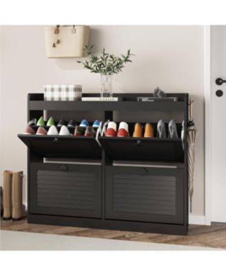 Large shoe cabinet with 4 flip drawers and wooden legs; a narrow, freestanding hidden shoe organizer ideal for entryways, hallways, or bedrooms
