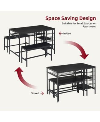 Dining Table Set for 4 Kitchen Table with 2 Benches Rectangular Dining Room Table Set with Wine Rack and Storage Shelf 3 Piece Dining Table Set