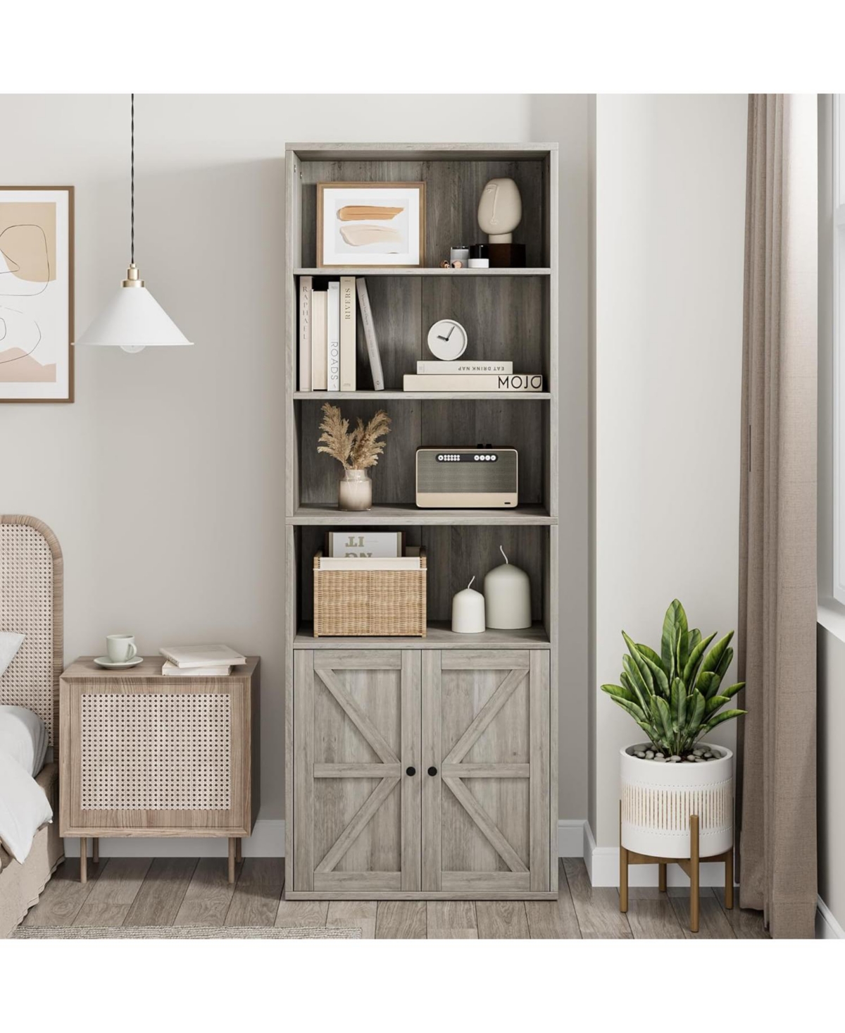 gaomon Industrial Bookcase with Doors – 6-Shelf Farmhouse Wooden Bookshelf, 11.8" Deep Display Storage Shelves for Bedroom, Living Room