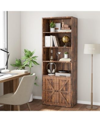 Industrial Bookcase with Doors – 6-Shelf Farmhouse Wooden Bookshelf, 11.8" Deep Display Storage Shelves for Bedroom, Living Room