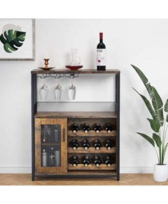 3 Tier Wine Bar Cabinet with Detachable Rack, Industrial Sideboard Buffet Cabinet with Drawer, Glass Holder and Mesh Door