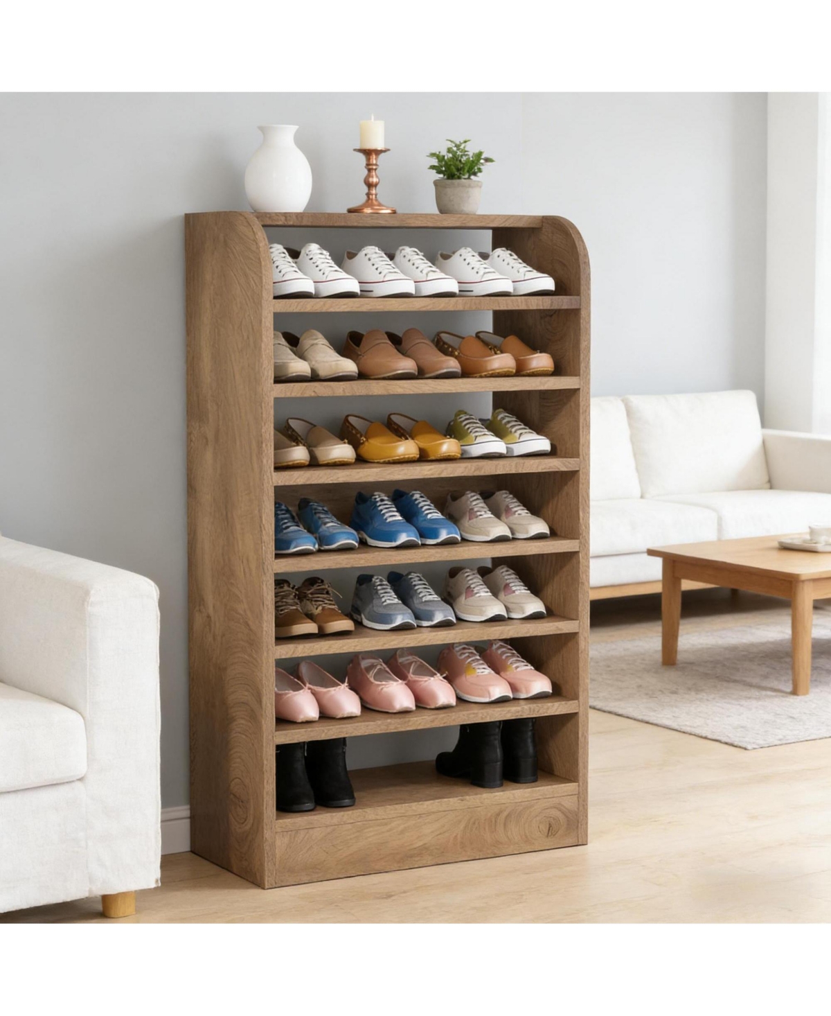 Rainsken 8-Tier Tall Shoe Rack, Wooden Shoe Storage Display Shelf, Shoe Cabinet Organize for Closet, Hallway, Living Room and Entryway