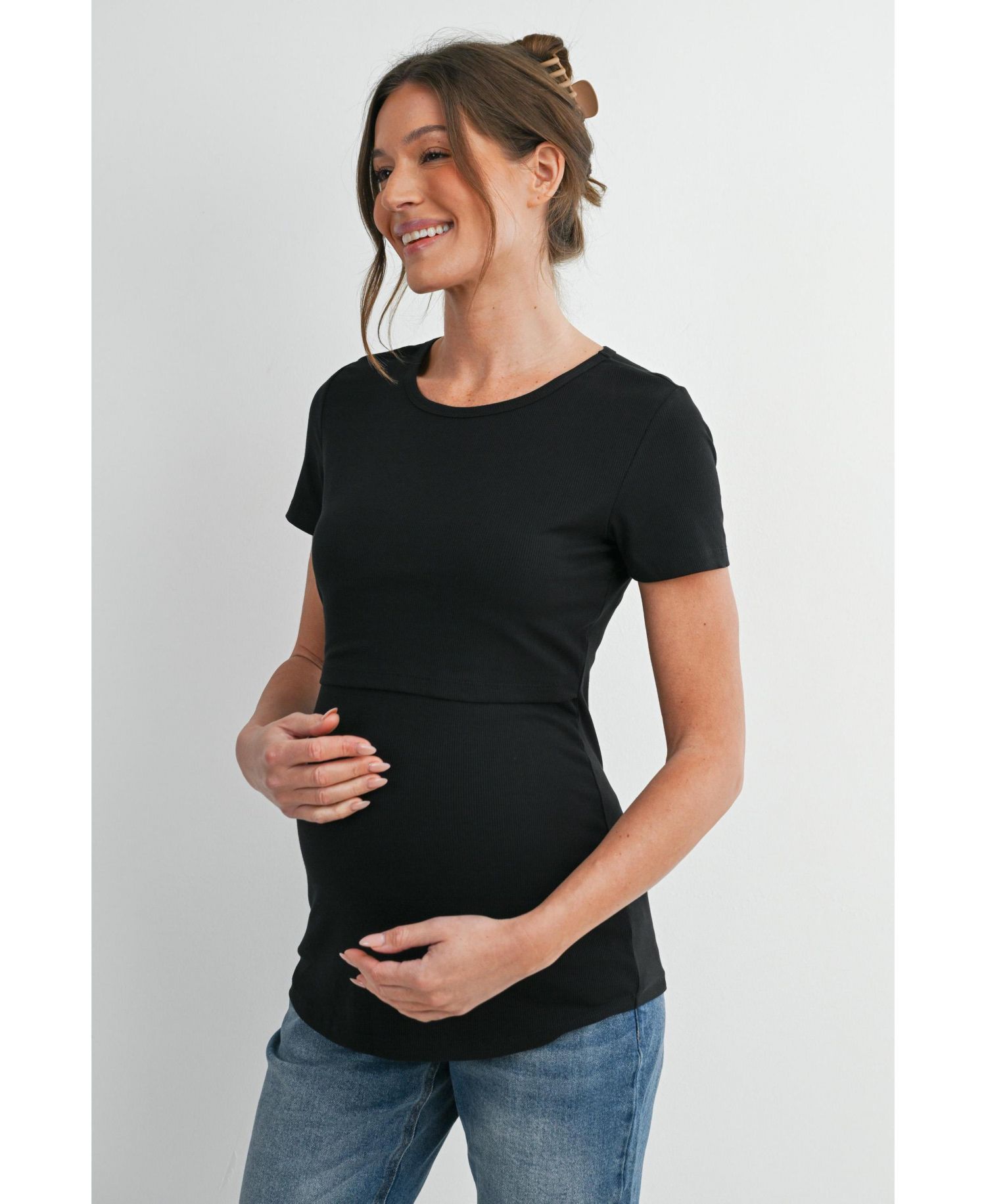 Maternity Nursing Ribbed Short-Sleeve Crewneck Top with Lift-Up Panel