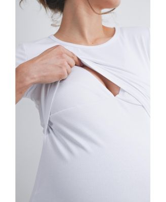 Maternity Nursing Ribbed Short-Sleeve Crewneck Top with Lift-Up Panel
