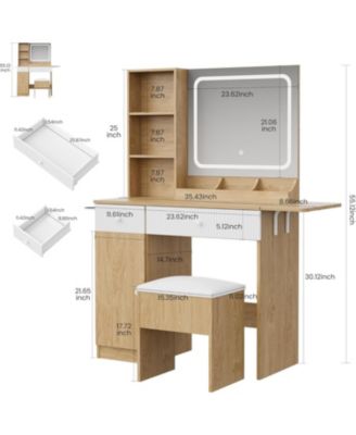 Makeup Vanity with Lighted Mirror - Vanity Desk with Power Strip/Adjustable Lighting/Drawers and Cushioned Stool - Dressing Table for Bedroom