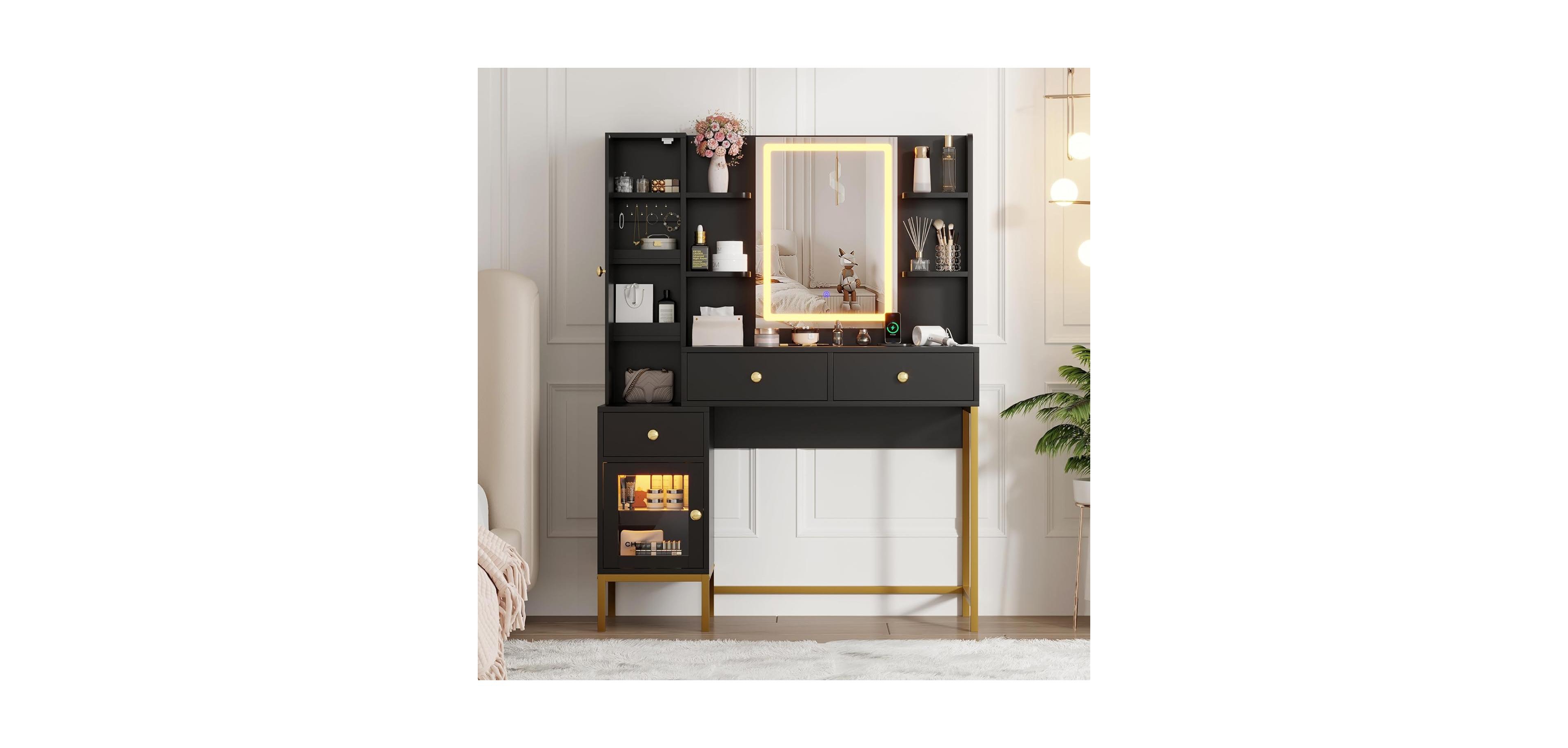gaomon Makeup Vanity Desk with 3 Color Led Mirror - Dressing Table with Power Outlet - Vanity Table with 3 Drawers