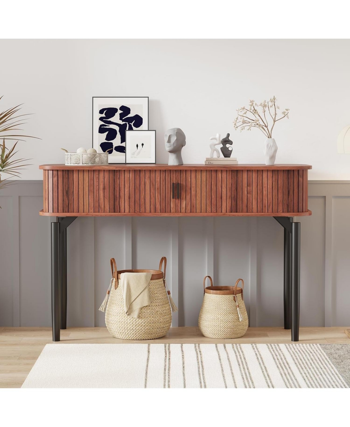 47" Entryway Table with Fluted Slide Doors, Console Table with Storage Space, Sofa Table Narrow Long for Living Room, Hallway, Front Hall