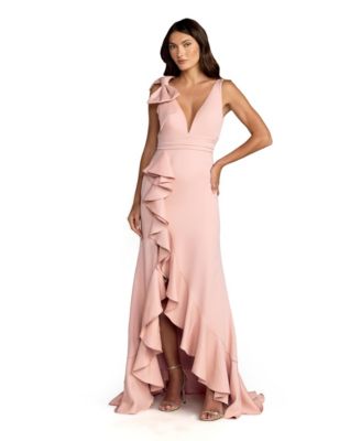 Women's Crepe Sleeveless Ruffled V-Neck Gown With Bow