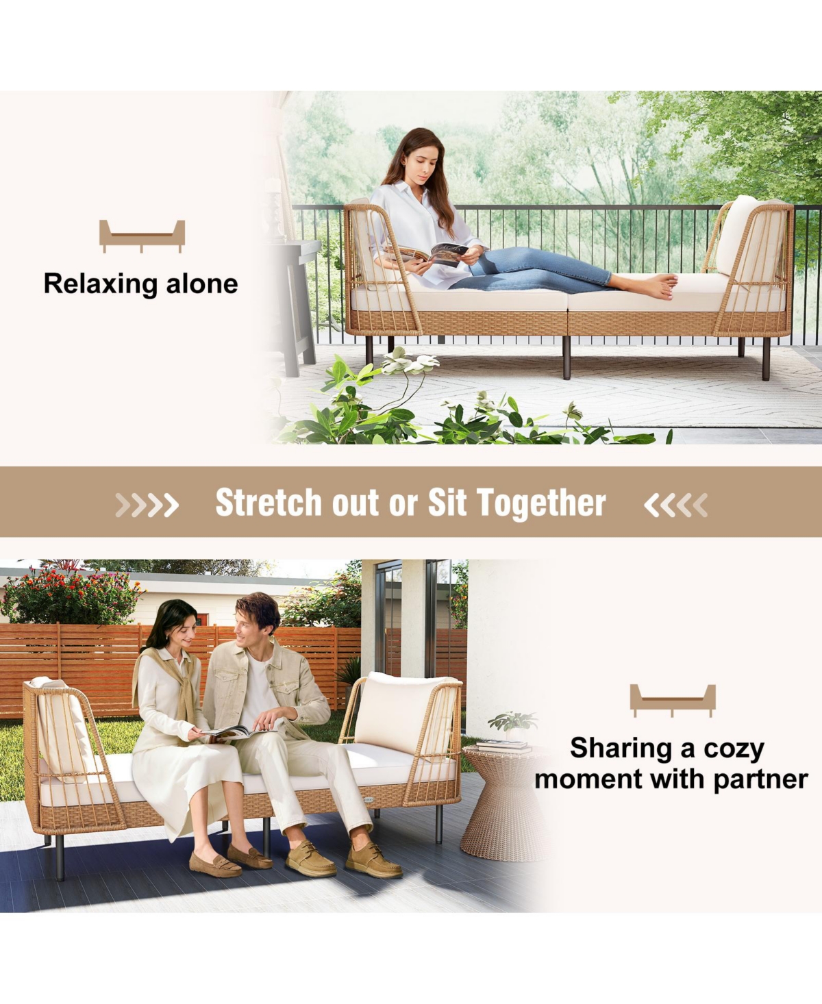 Gymax Patio Wicker Daybed w/Seat Back Cushions Robust Metal Legs For Backyard Porch