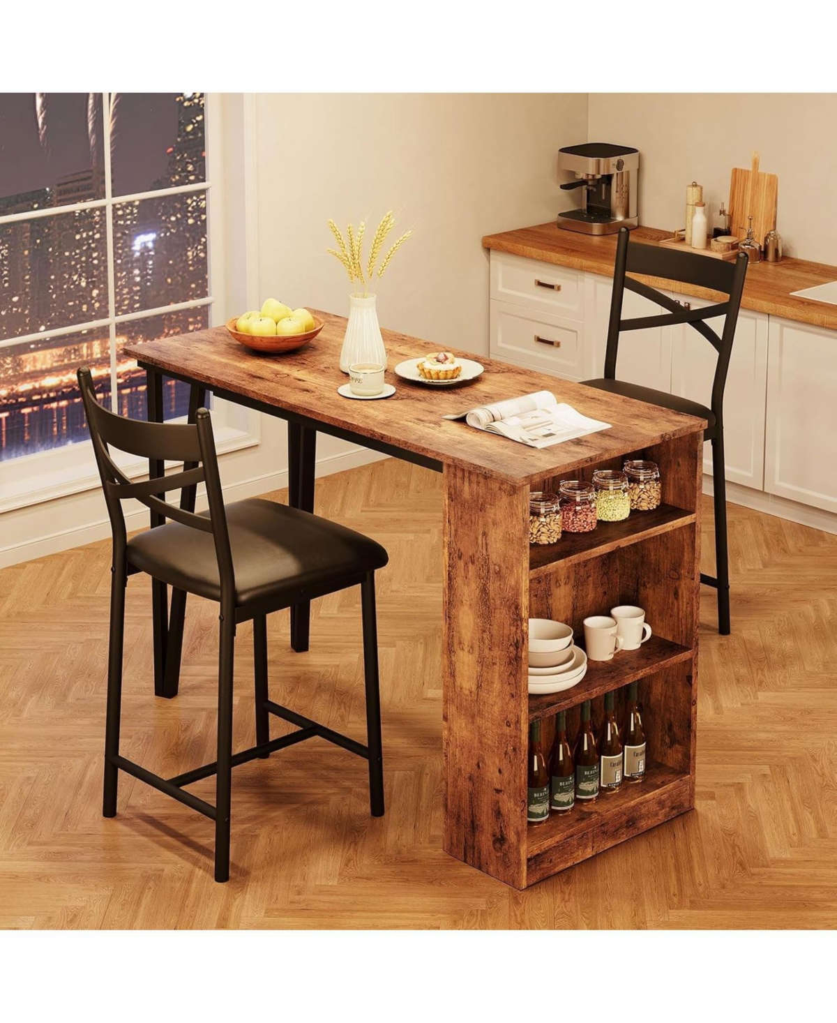 gaomon Bar Table Set of 2 Cushioned Chairs with 3 Storage Shelves Extendable Dining Table