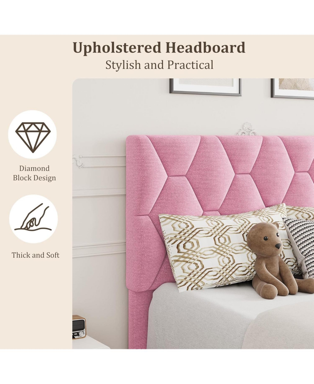 gaomon Pink Twin Bed Frame with Upholstered Headboard, Heavy-Duty Platform Bed Frame with Strong Wood Slats, No Box Spring Needed