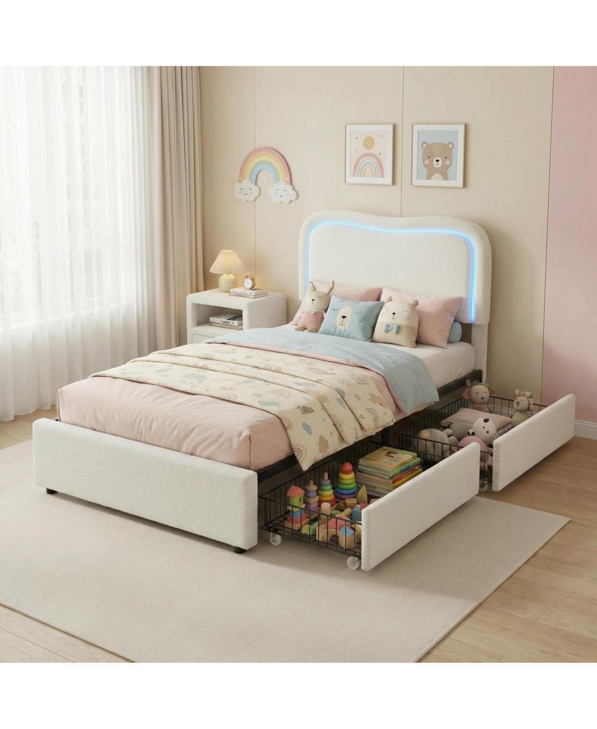gaomon Twin Boucle Bed Frame with Storage Drawers, Led Headboard, Upholstered Platform