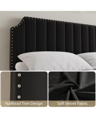 King Upholstered Platform Bed Frame with Tall Headboard & Footboard, Nailhead Trim, Solid Wooden Slats, No Box Spring