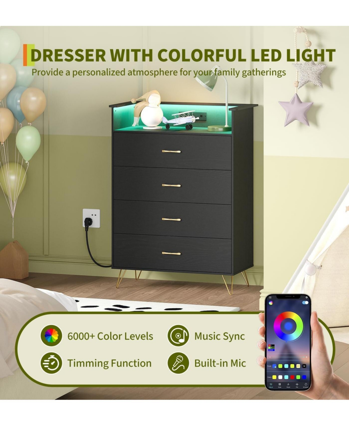 gaomon 4 Drawer Wooden Dressers for Bedroom with Led Lights & Charging Station, Modern Nightstand Bedside, Wood Chest of Drawers App Control