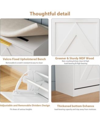 Farmhouse Shoe Cabinet with Bench, 4 Flip Drawers, Cushioned Seat Shoe Organizer, Freestanding Entryway Storage