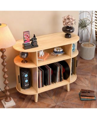 Mid-Century Modern Record Cabinet with Charging Station & Storage