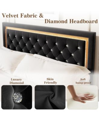 King Floating Platform Bed with LED Lights, Upholstered Diamond Headboard, Solid Wood Slats