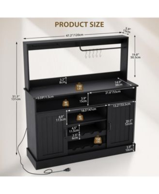 47" Farmhouse Coffee Bar Cabinet with Charging Station &Wine Racks Rustic Wood Kitchen Buffet Cabinet Wine Bar Table