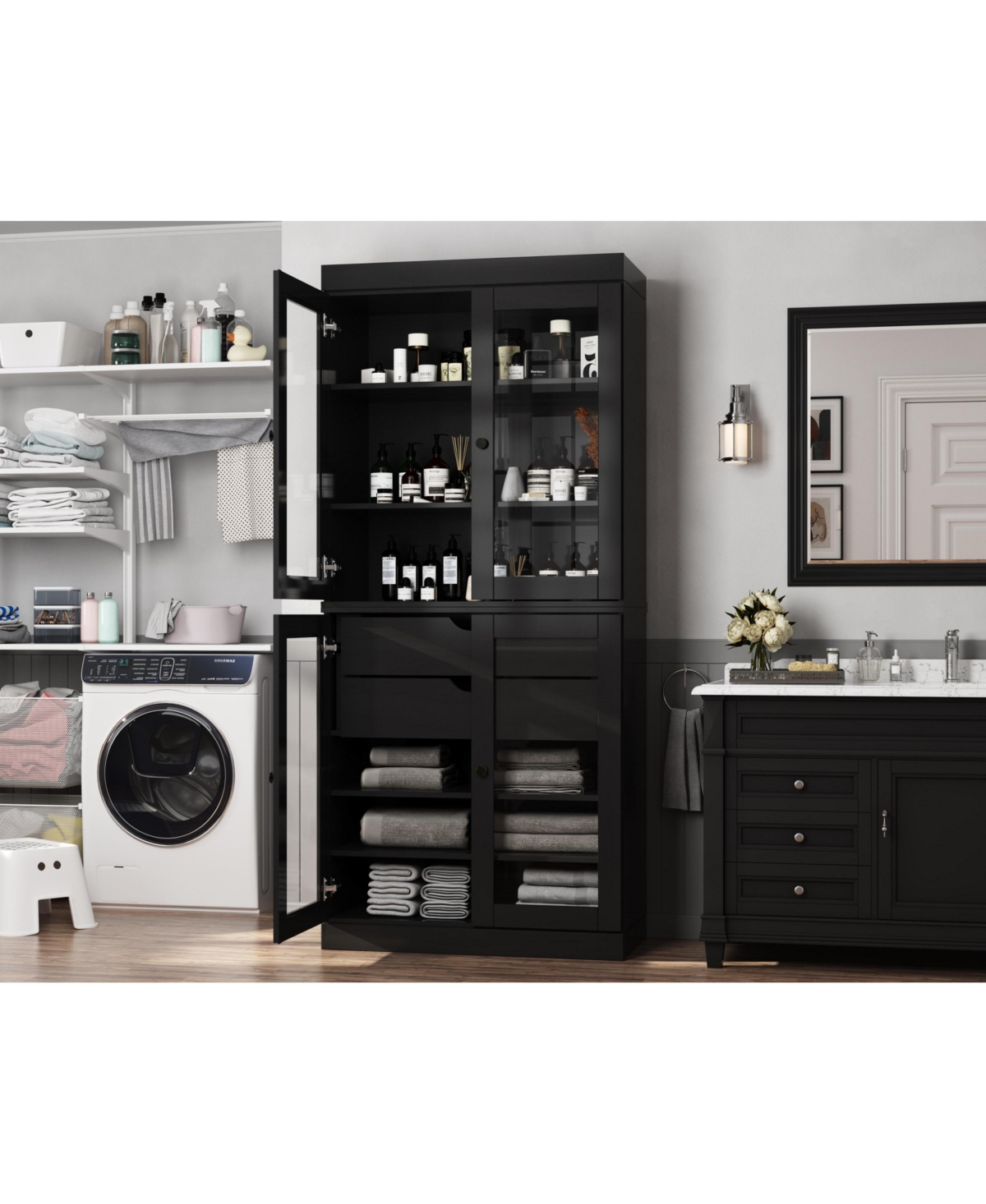 Palace Imports 100% Solid Wood 32" Bathroom Storage Cabinet with Clear Glass Doors, 2-Drawers & Adjustable Shelves