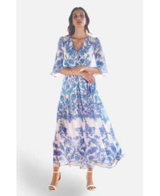 Women's 3/4 Sleeves Paisley Wrap Midi Dress