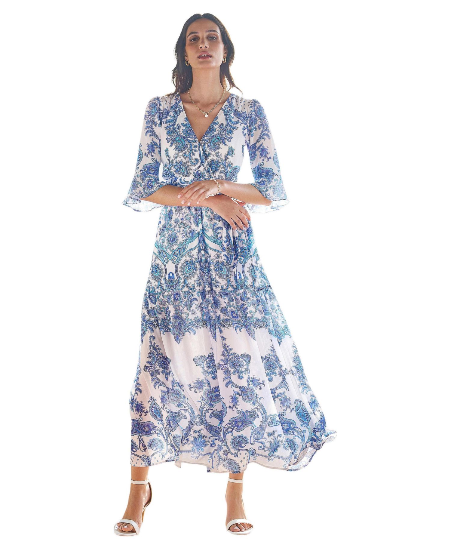 Women's 3/4 Sleeves Paisley Wrap Midi Dress