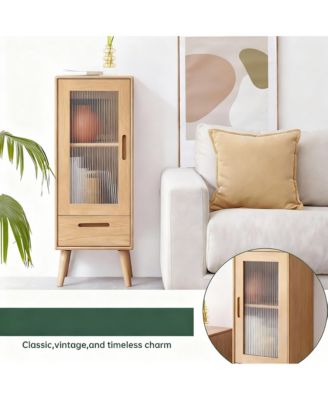 Solid Wood Cabinet with Glass Doors & Drawers for Living Room