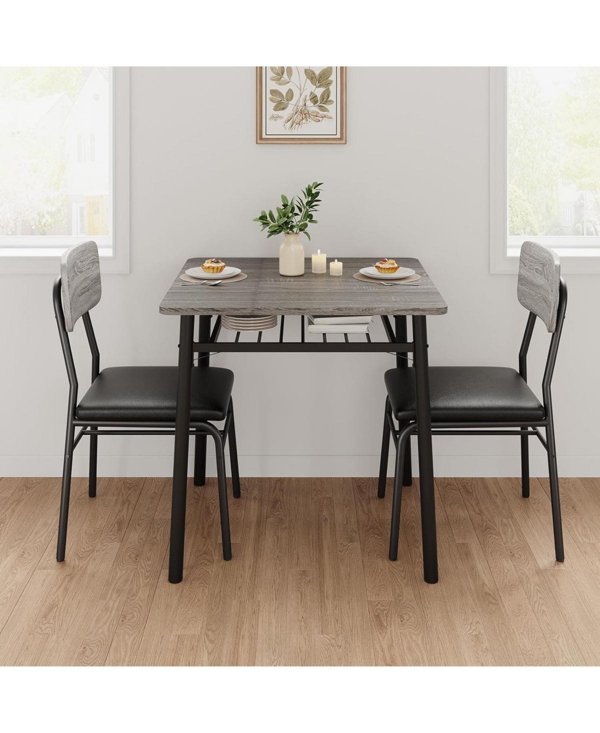 gaomon Dining Table for 2 with Storage Rack, Small Square Kitchen Table with Metal Frame and Upholstered Chairs, 3 Piece Set