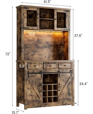 Farmhouse 72" Coffee Bar Cabinet with LED Light & Power Outlet Large Kitchen Hutch with 3 Drawers & Wine Glass Rack Tall Wine Cabinet
