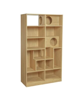 2 IN 1 Wood Bookshelf Cat House for Cat Lover, Cat Tree Display Case, 5 Tier Storage Shelves with Round Hollow Door for Study Room - Natural