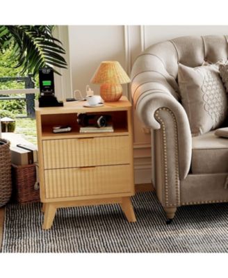 Modern Fluted Night Stand, Nightstand with USB Charging Station, Two Drawer Filing Cabinet with Shelf