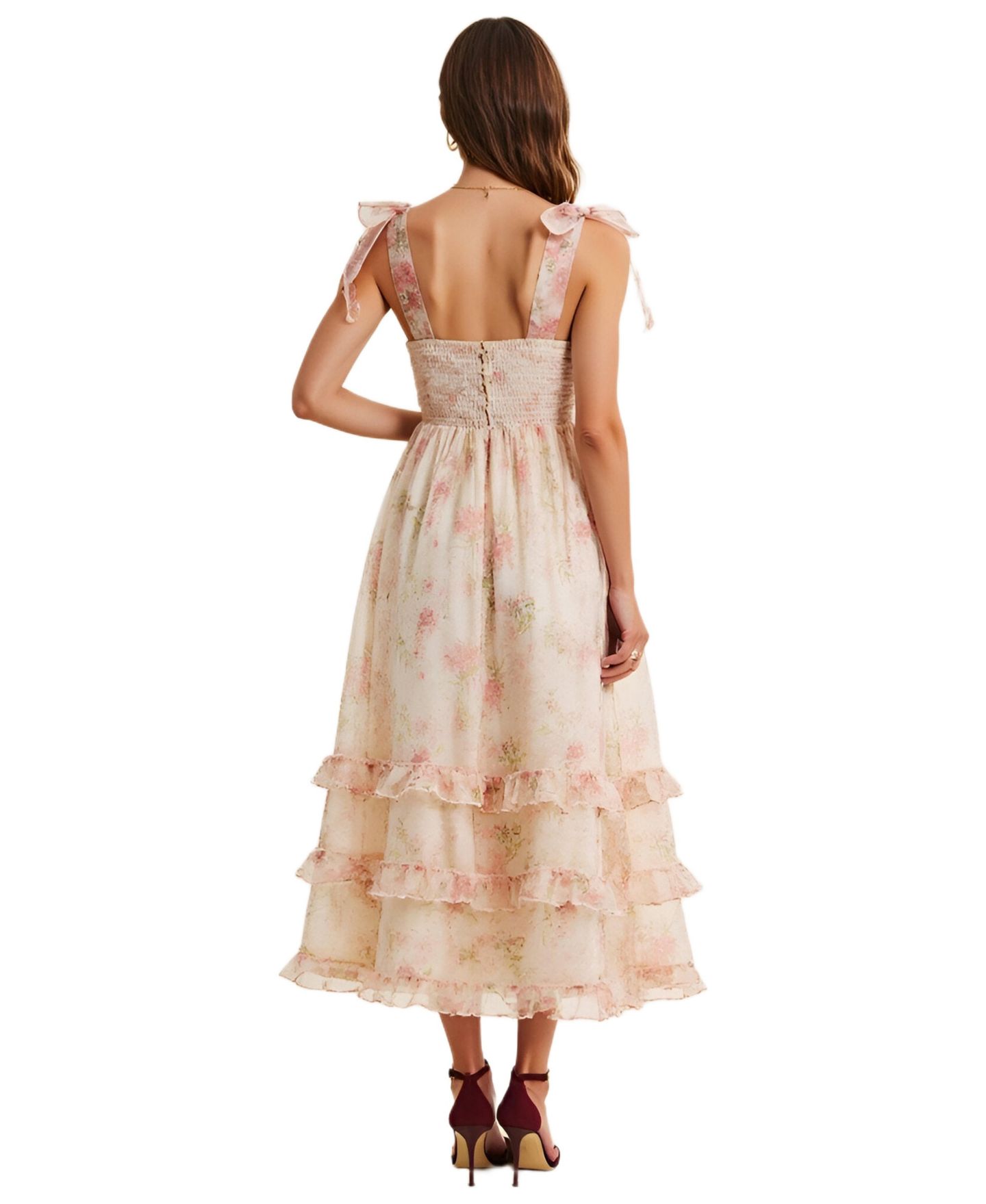 Женское платье Modenaire Floral Tiered Ruched Bodice Tie-Shoulder Midi, цвет: Кремовый розовый с принтом — фото 2