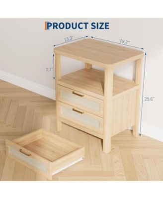 Rattan Nightstands Set of 2, Large Nightstands with Drawers and Storage Shelf, Farmhouse Bedside Table, Wood