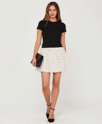 Women's Fitted Knit Bodice Polka Dot Bubble Skirt Dress