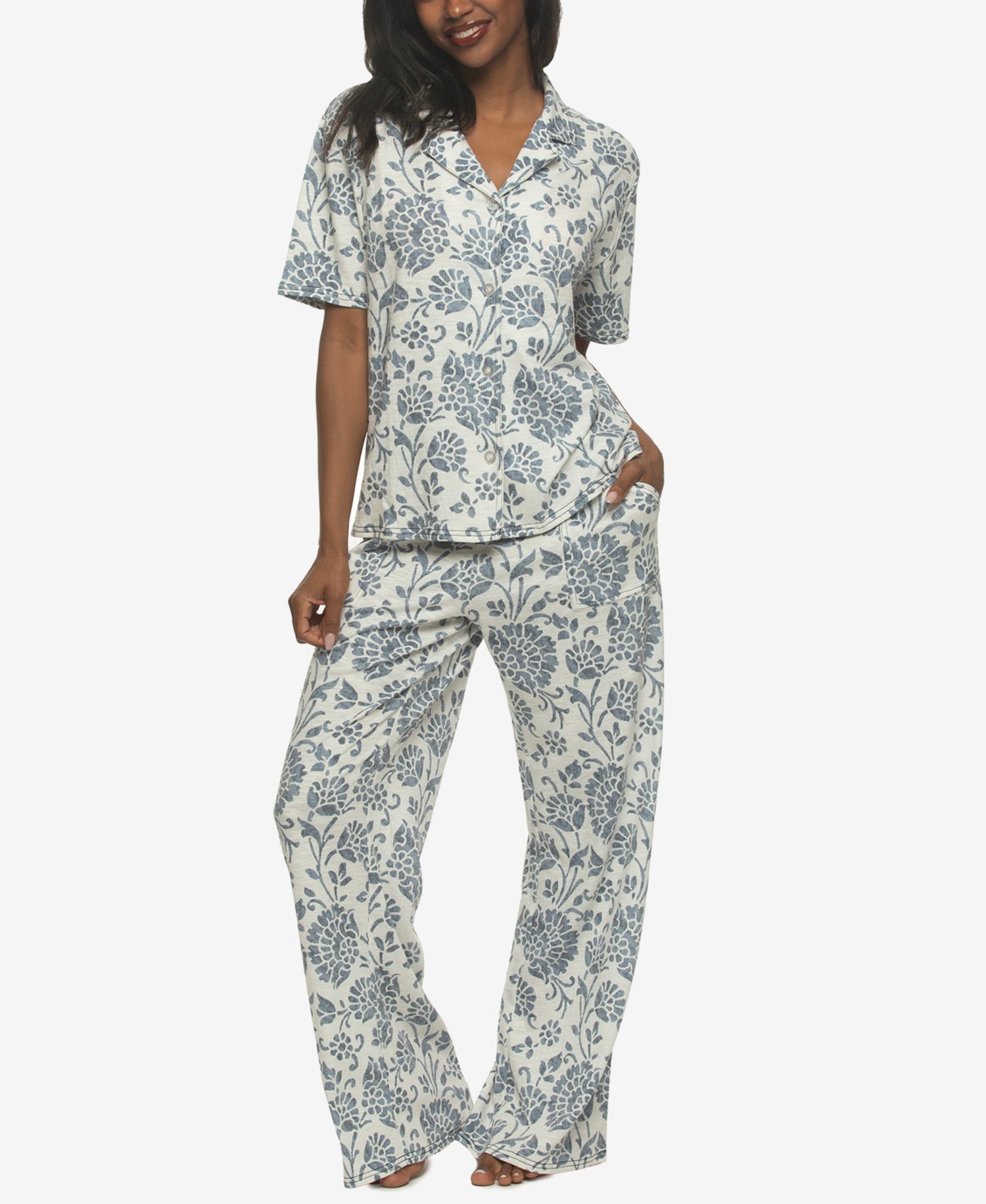 Women's Josephine Notched Collared Shirt and Pants Pajama Set Style