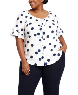 Plus Size Polka Dot Crinkle Knit Button Front Ruffle Sleeve Top