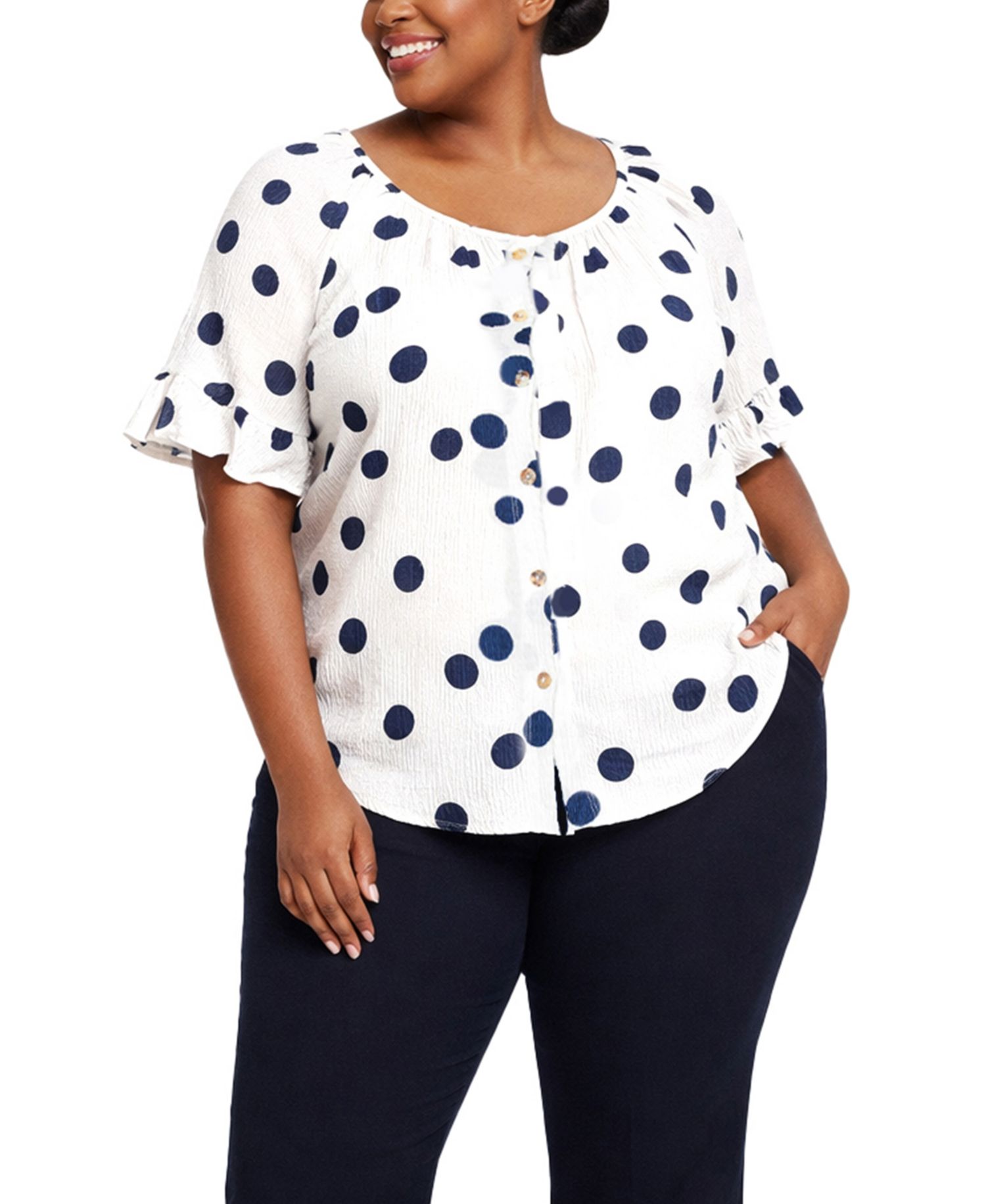 Plus Size Polka Dot Crinkle Knit Button-Front Ruffle Sleeve Top